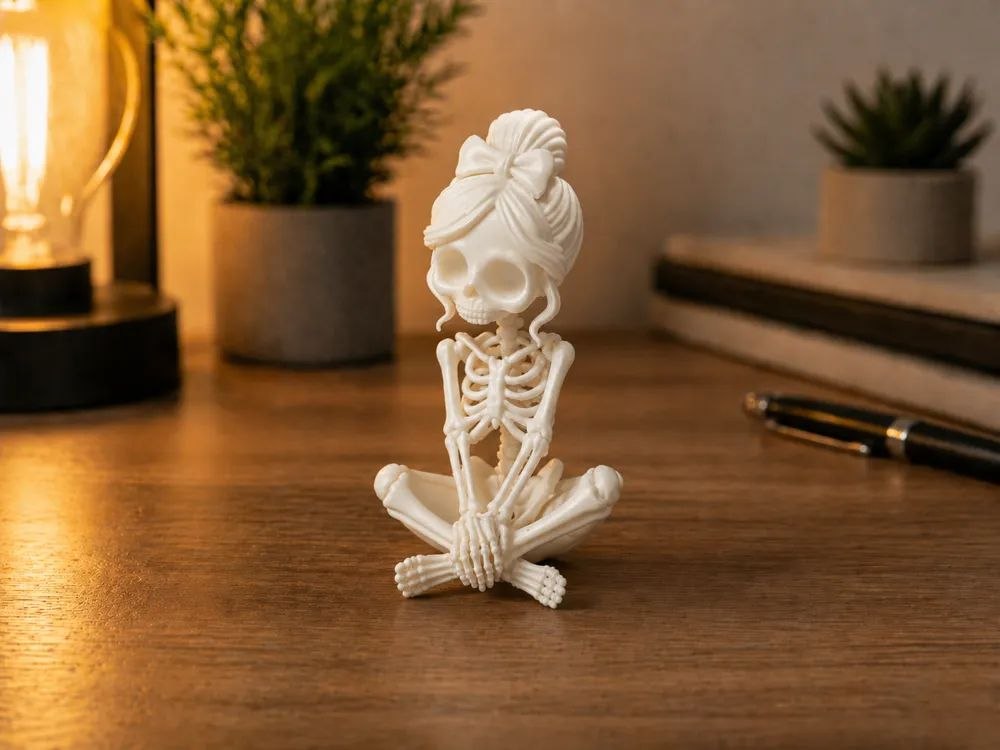 A figurine of a seated female skeleton